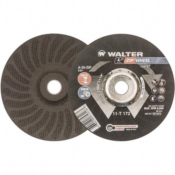 WALTER Surface Technologies - 30 Grit, 7" Wheel Diam, 1/16" Wheel Thickness, 7/8" Arbor Hole, Type 27 Depressed Center Wheel - Aluminum Oxide, Resinoid Bond, 8,600 Max RPM - Exact Industrial Supply