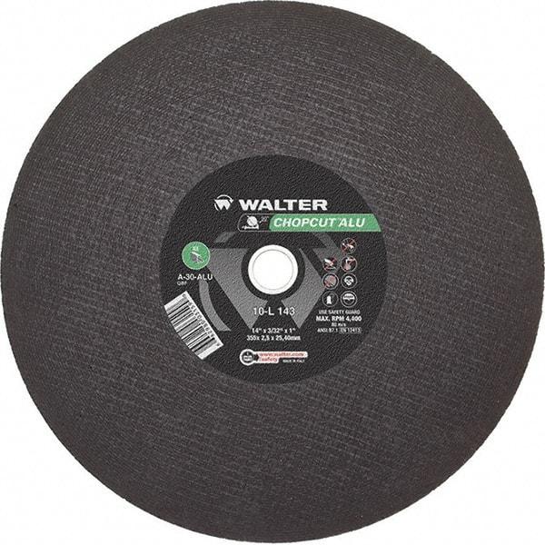WALTER Surface Technologies - 14" 30 Grit Aluminum Oxide Cutoff Wheel - 3/32" Thick, 1" Arbor, 4,400 Max RPM, Use with Chop Saws - Exact Industrial Supply
