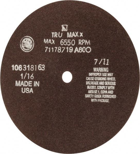 Tru-Maxx - 7" 60 Grit Aluminum Oxide Cutoff Wheel - 1/16" Thick, 1/2" Arbor, 5,184 Max RPM, Use with Stationary Tools - Exact Industrial Supply