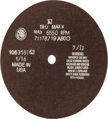 Tru-Maxx - 7" 60 Grit Aluminum Oxide Cutoff Wheel - 1/16" Thick, 1/2" Arbor, 5,184 Max RPM, Use with Stationary Tools - Exact Industrial Supply