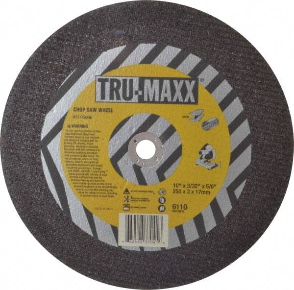 Tru-Maxx - 10" 36 Grit Aluminum Oxide Cutoff Wheel - 3/32" Thick, 5/8" Arbor, 6,112 Max RPM, Use with Stationary Tools - Exact Industrial Supply