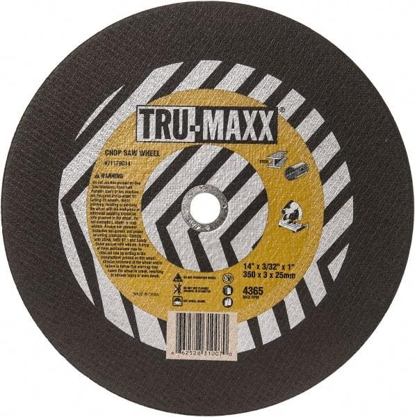 Tru-Maxx - 14" 36 Grit Aluminum Oxide Cutoff Wheel - 3/32" Thick, 1" Arbor, 4,365 Max RPM, Use with Chop Saws - Exact Industrial Supply