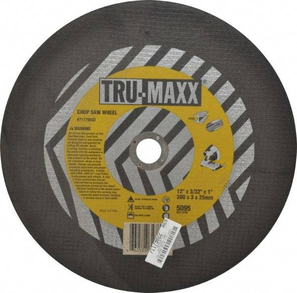 Tru-Maxx - 12" 36 Grit Aluminum Oxide Cutoff Wheel - 3/32" Thick, 1" Arbor, 5,095 Max RPM, Use with Chop Saws - Exact Industrial Supply