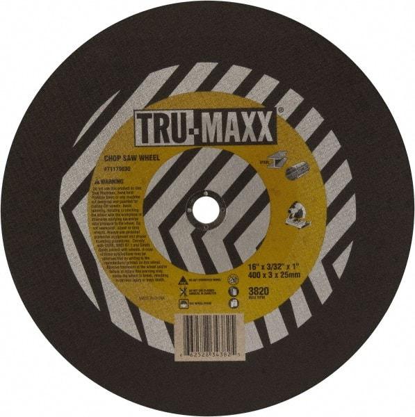 Tru-Maxx - 16" 36 Grit Aluminum Oxide Cutoff Wheel - 7/64" Thick, 1" Arbor, 3,820 Max RPM, Use with Chop Saws - Exact Industrial Supply