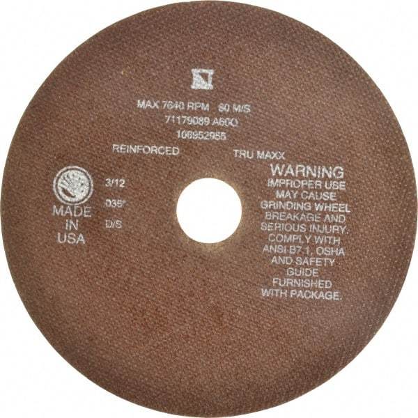 Tru-Maxx - 8" 60 Grit Aluminum Oxide Cutoff Wheel - 0.035" Thick, 1-1/4" Arbor, 7,639 Max RPM, Use with Stationary Tools - Exact Industrial Supply