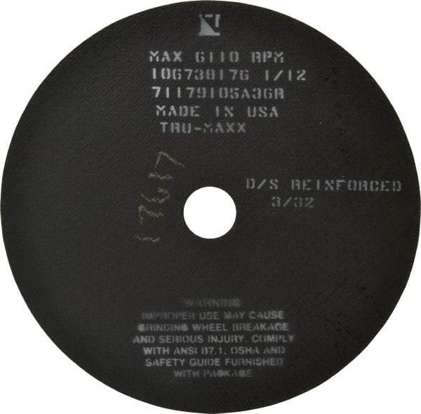 Tru-Maxx - 10" 36 Grit Aluminum Oxide Cutoff Wheel - 3/32" Thick, 1-1/4" Arbor, 6,112 Max RPM, Use with Stationary Tools - Exact Industrial Supply