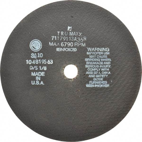 Tru-Maxx - 9" 36 Grit Aluminum Oxide Cutoff Wheel - 1/8" Thick, 7/8" Arbor, 6,791 Max RPM, Use with Angle Grinders - Exact Industrial Supply