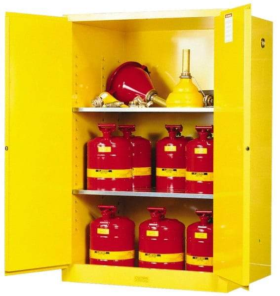 Justrite - 2 Door, 2 Shelf, Yellow Steel Standard Safety Cabinet for Flammable and Combustible Liquids - 65" High x 43" Wide x 34" Deep, Manual Closing Door, 3 Point Key Lock, 90 Gal Capacity - Exact Industrial Supply