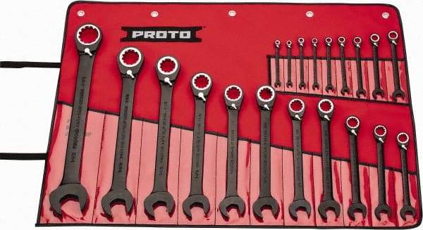 Proto - 20 Piece, 7/32" to 1-1/2", 12 Point Combination Wrench Set - Inch Measurement Standard, Black/Chrome Finish, Comes in Pouch - Exact Industrial Supply