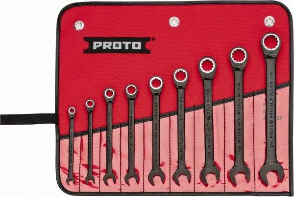 Proto - 9 Piece, 1/4" to 3/4", Ratcheting Combination Wrench Set - 12 Point, Black/Chrome Finish, Comes in Pouch - Exact Industrial Supply