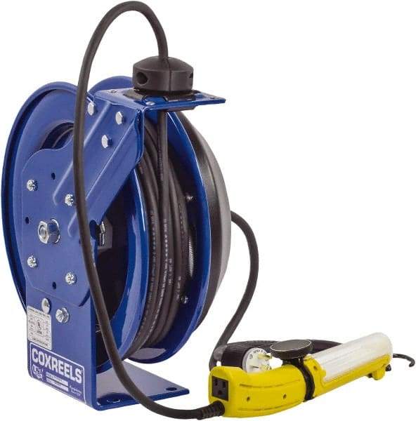 CoxReels - 16 AWG, 35' Cable Length, Cord & Cable Reel with Fluorescent Angle Light with Tool Tap Plug End - 1 Outlet, 13 Amps, 115 Volts, SJTO Cable, Blue Reel, Spring Driven Reel - Exact Industrial Supply