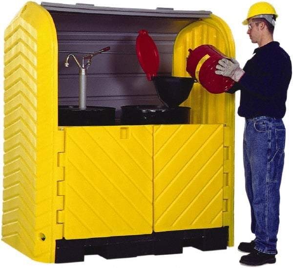 UltraTech - 41-1/4" Wide x 67-1/4" Deep x 74" High, Polyethylene Vertical Drum Cabinet - Yellow/Black, Roll Top & Swing-out Barn Style Door, 1 Shelf, 2 Drums - Exact Industrial Supply