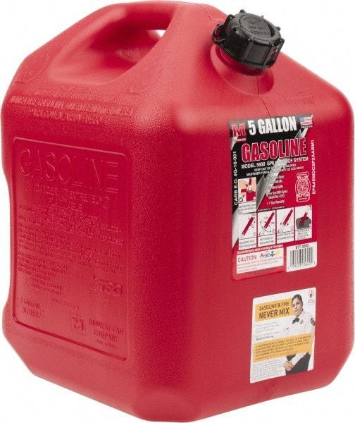 Made in USA - 5 Gal High Density Polyethylene Spill-Proof CARB Gas Can - 16" High x 10-3/4" Diam, Red - Exact Industrial Supply