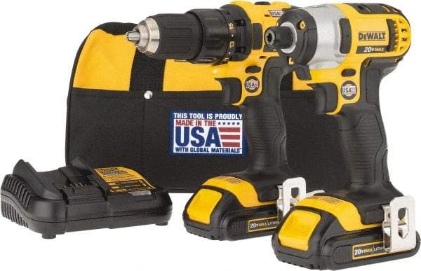 DeWALT - 9 Piece 20 Volt Cordless Tool Combination Kit - Includes 1/2" Drill/Driver & 1/4" Impact Driver, Lithium-Ion Battery Included - Exact Industrial Supply