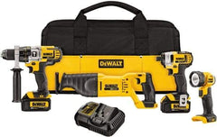 DeWALT - 10 Piece 20 Volt Cordless Tool Combination Kit - Includes 1/2" Hammerdrill, 1/4" Impact Driver & Reciprocating Saw & LED Worklight, Lithium-Ion Battery Included - Exact Industrial Supply