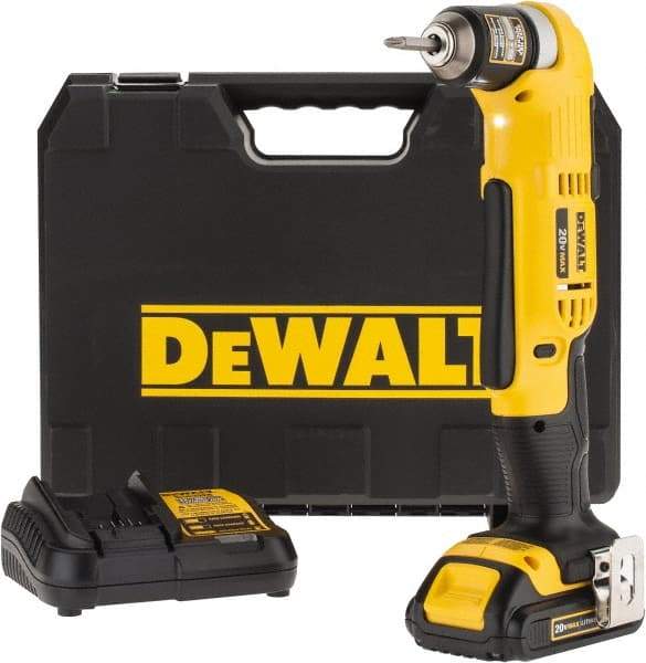DeWALT - 20 Volt 3/8" Chuck Right Angle Handle Cordless Drill - 0-650 & 0-2000 RPM, Keyless Chuck, Reversible, 1 Lithium-Ion Battery Included - Exact Industrial Supply