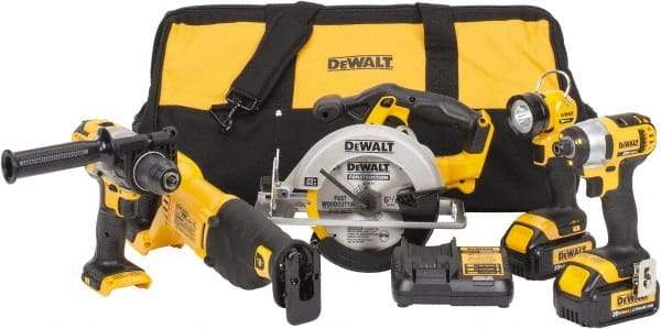 DeWALT - 12 Piece 20 Volt Cordless Tool Combination Kit - Includes 1/2" Hammerdrill, 1/4" Impact Driver, Reciprocating Saw, 6-1/2" Circular Saw & LED Worklight, Lithium-Ion Battery Included - Exact Industrial Supply