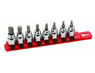 8 Piece - Hex Inch Socket Set - 1/8 - 3/8" On Rail - 3/8" Square Drive with 1/4" Replaceable Hex Bit - Exact Industrial Supply