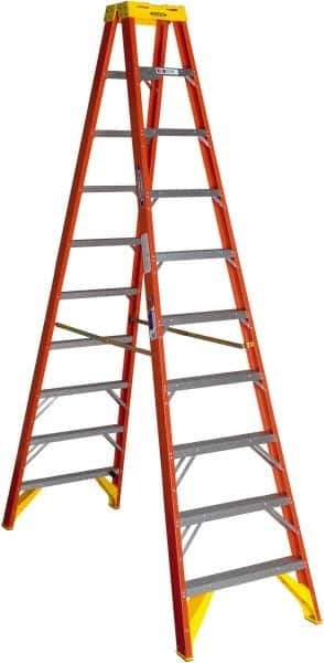 Werner - 9 Steps, 10' High, Type IA Rating, Fiberglass Step Ladder - 300 Lb Capacity, 30-3/8" Base Width - Exact Industrial Supply