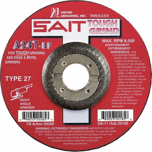 Sait - 24 Grit, 5" Wheel Diam, 1/4" Wheel Thickness, 7/8" Arbor Hole, Type 27 Depressed Center Wheel - Aluminum Oxide, Resinoid Bond, T Hardness, 12,200 Max RPM, Compatible with Angle Grinder - Exact Industrial Supply