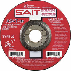 Sait - 24 Grit, 5" Wheel Diam, 1/4" Wheel Thickness, 7/8" Arbor Hole, Type 27 Depressed Center Wheel - Aluminum Oxide, Resinoid Bond, T Hardness, 12,200 Max RPM, Compatible with Angle Grinder - Exact Industrial Supply