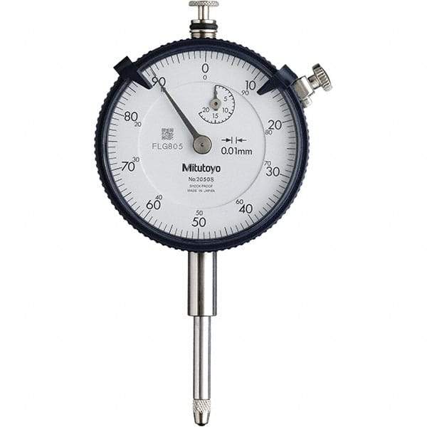 Mitutoyo - 20mm Range, 0-100 Dial Reading, 0.01mm Graduation Dial Drop Indicator - 57mm Dial, 1mm Range per Revolution, 0.2mm Accuracy, Revolution Counter - Exact Industrial Supply