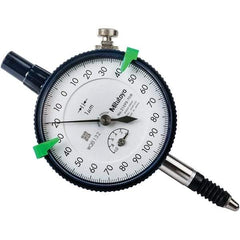 Mitutoyo - 1mm Range, 0-100-0 Dial Reading, 0.001mm Graduation Dial Drop Indicator - 57mm Dial, 0.2mm Range per Revolution, 0.005mm Accuracy, Revolution Counter - Exact Industrial Supply