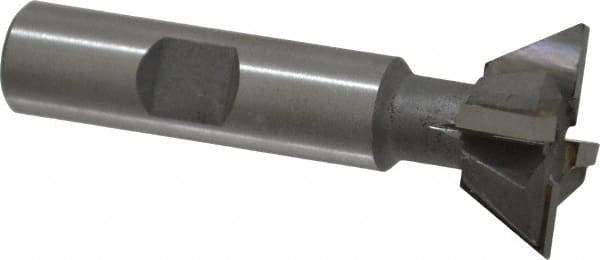 Made in USA - 1" Diam x 3/8" Width of Cut, 60° Included Angle, Carbide-Tipped Dovetail Cutter - 1/2" Shank Diam, 2-1/2" Overall Length, 0.02" Corner Radius, Weldon Flat, Uncoated - Exact Industrial Supply