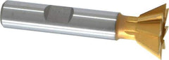 Made in USA - 3/4" Diam x 5/16" Width of Cut, 60° Included Angle, High Speed Steel Dovetail Cutter - 3/8" Shank Diam, 2-1/8" Overall Length, Weldon Flat, TiN Coated - Exact Industrial Supply