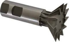 Made in USA - 2-1/4" Diam x 11/16" Width of Cut, 45° Included Angle, High Speed Steel Dovetail Cutter - 1" Shank Diam, 3-1/16" Shank Length, 3-3/4" Overall Length, Weldon Flat, Uncoated - Exact Industrial Supply