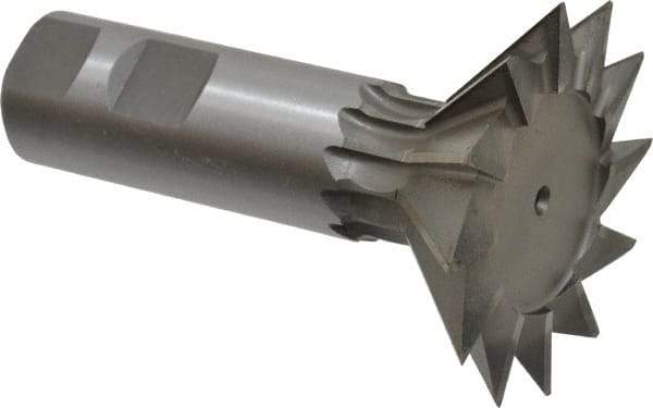 Made in USA - 2-1/2" Diam x 3/4" Width of Cut, 45° Included Angle, High Speed Steel Dovetail Cutter - 1" Shank Diam, 3" Shank Length, 3-3/4" Overall Length, Weldon Flat, Uncoated - Exact Industrial Supply