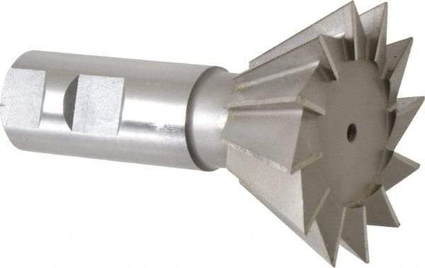 Made in USA - 2-1/2" Diam x 1-1/8" Width of Cut, 60° Included Angle, High Speed Steel Dovetail Cutter - 1" Shank Diam, 3-3/4" Overall Length, Weldon Flat, Uncoated - Exact Industrial Supply