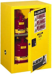 Justrite - 1 Door, 1 Shelf, Yellow Steel Space Saver Safety Cabinet for Flammable and Combustible Liquids - 35" High x 23-1/4" Wide x 18" Deep, Manual Closing Door, 12 Gal Capacity - Exact Industrial Supply