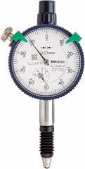 Mitutoyo - Dial Drop Indicators; Maximum Measurement (mm): 5.00 ; Dial Graduation (mm): 0.0100 ; Dial Reading: 0-100 ; Accuracy (mm): 0.013 ; Dial Color: White ; Calibrated: No - Exact Industrial Supply