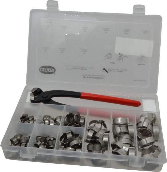 Oetiker - 124 Piece, 5/16 to 1" Diam, 2-Ear Service Clamp Kit - 123 Clamps & 1 Stainless Steel Side Jaw Pincer - Exact Industrial Supply