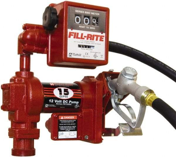 Tuthill - 15 GPM, 3/4" Hose Diam, DC Tank Pump with Manual Nozzle & 807C Meter - 1" Inlet, 3/4" Outlet, 12 Volts, 12' Hose Length, 1/4 hp - Exact Industrial Supply