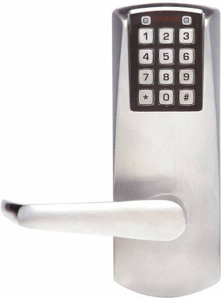 Kaba Access - Combination Entry Lever Lockset for 1-3/8 to 2-1/4" Thick Doors - 2-3/4" Back Set, Nonkey Override Cylinder, Satin Chrome Finish - Exact Industrial Supply