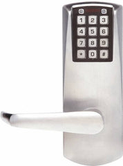 Kaba Access - Combination Entry Lever Lockset for 1-3/8 to 2-1/4" Thick Doors - 2-3/4" Back Set, Nonkey Override Cylinder, Satin Chrome Finish - Exact Industrial Supply