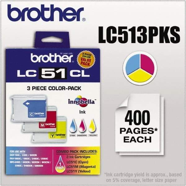 Brother - Cyan, Magenta & Yellow Ink Cartridge - Use with Brother DCP-130C, 330C, 350C, intelliFAX-1860C, 1960C, 2480C, 2580C, MFC-230C, 240C, 440CN, 465CN, 665CW, 685CW, 845CW, 885CW, 3360C - Exact Industrial Supply