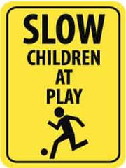 NMC - "Slow - Children at Play", "Child Playing", 18" Wide x 24" High, Aluminum Traffic Control Signs - 0.08" Thick, Black on Yellow, High Intensity Reflectivity, Rectangle, Post Mount - Exact Industrial Supply