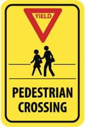 NMC - "Yield - Pedestrian Crossing", "Pedestrians, Red Triangle", 18" Wide x 24" High, Aluminum Pedestrian Crossing Signs - 0.08" Thick, Red & Black on Yellow, High Intensity Reflectivity, Rectangle, Post Mount - Exact Industrial Supply