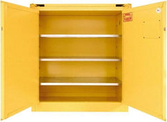 Securall Cabinets - 2 Door, 3 Shelf, Yellow Steel Standard Safety Cabinet for Flammable and Combustible Liquids - 46" High x 43" Wide x 18" Deep, Self Closing Door, 3 Point Key Lock, 40 Gal Capacity - Exact Industrial Supply