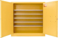 Securall Cabinets - 2 Door, 5 Shelf, Yellow Steel Wall Mount Safety Cabinet for Flammable and Combustible Liquids - 44" High x 43" Wide x 12" Deep, Manual Closing Door, 3 Point Key Lock, 24 Gal Capacity - Exact Industrial Supply