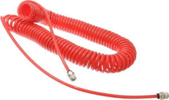 PRO-SOURCE - 0.16 ID, 1/4 Thread, 30' Long, Red Polyurethane Coiled & Self Storing Hose - 125 Max psi, Male Swivel x Male Swivel - Exact Industrial Supply