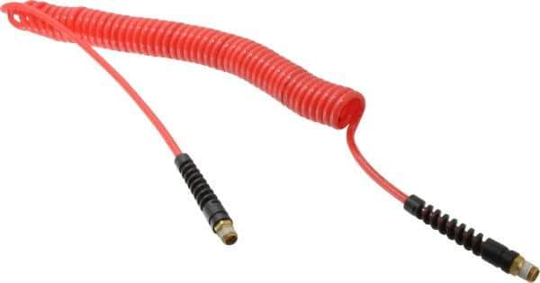 PRO-SOURCE - 3/16" ID, 1/4 Thread, 20' Long, Red Polyurethane Coiled & Self Storing Hose - 147 Max psi, Male Swivel x Male Swivel - Exact Industrial Supply