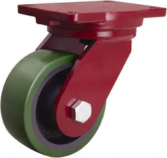 Hamilton - 6" Diam x 2-1/2" Wide x 8-1/2" OAH Top Plate Mount Swivel Caster - Polyurethane Mold onto Cast Iron Center, 1,600 Lb Capacity, Tapered Roller Bearing, 6-1/8 x 7-1/2" Plate - Exact Industrial Supply