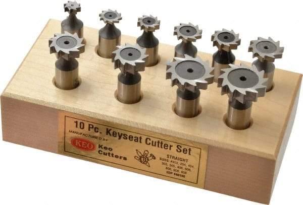 Keo - 3/8 to 1" Cutting Diam, Straight Tooth Configuration, Woodruff and Keyseat Cutter Set - 204 to 808 ANSI, High Speed Steel, 10 Pieces - Exact Industrial Supply