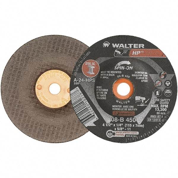 WALTER Surface Technologies - 24 Grit, 4-1/2" Wheel Diam, 1/4" Wheel Thickness, Type 27 Depressed Center Wheel - Aluminum Oxide, 13,300 Max RPM - Exact Industrial Supply