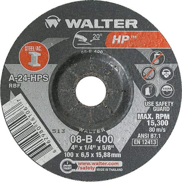 WALTER Surface Technologies - 24 Grit, 4" Wheel Diam, 1/4" Wheel Thickness, 5/8" Arbor Hole, Type 27 Depressed Center Wheel - Aluminum Oxide, Resinoid Bond, 15,000 Max RPM - Exact Industrial Supply