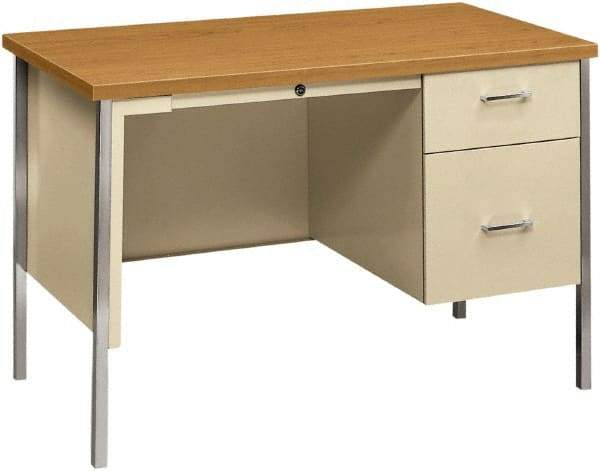 Hon - Woodgrain Laminate/Metal Right Pedestal Desk with Center Drawer - 45" Wide x 24" Deep x 29" High, Harvest/Putty - Exact Industrial Supply